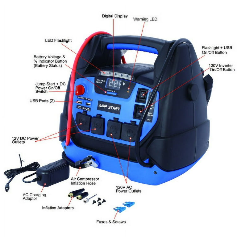 Eltpower 12V Emergency Auto Battery Booster Box Rechargeable Jump Starter 1800 Amps Air Compressor and AC 12V DC USB Power Station for Gas Diesel Eltpower 12V Emergency Auto Battery Booster Box Rechargeable Jump Starter 1800 Amps Air Compressor and AC 12V DC USB Power Station for Gas Diesel