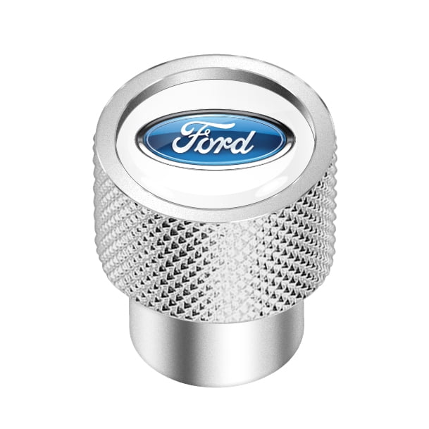 Ford Logo in White on Silver Chrome Aluminum Tire Valve Stem Caps
