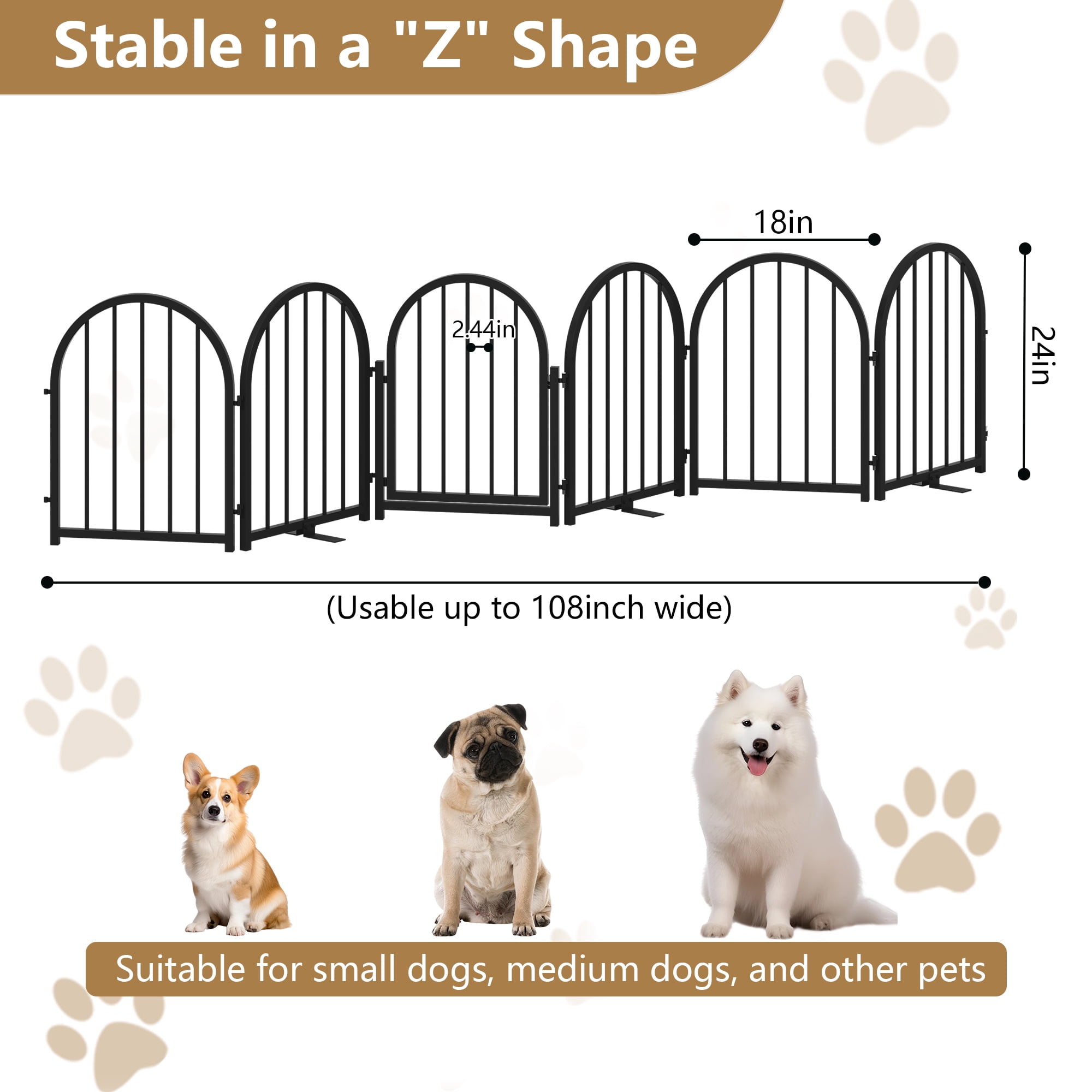 CBJCBJ Indoor Pet Gate, 6 Panel Folding Dog Gate , 24"H Freestanding Metal Pet Fence for Cats and Dogs ,Black