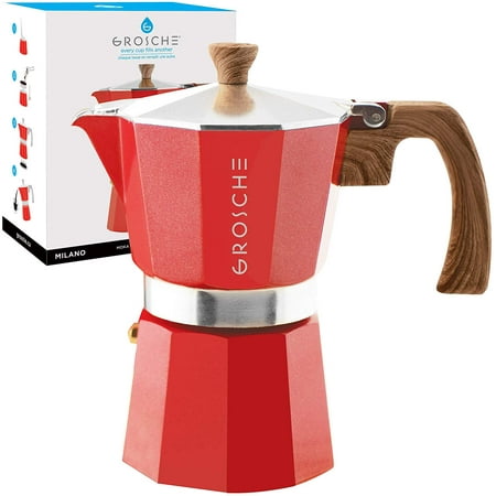 

GROSCHE Milano Stovetop Espresso Maker Moka Pot 6 Cup 9.3 oz Red - Cuban Coffee Maker Stove top coffee maker Moka Italian espresso greca coffee maker brewer percolator