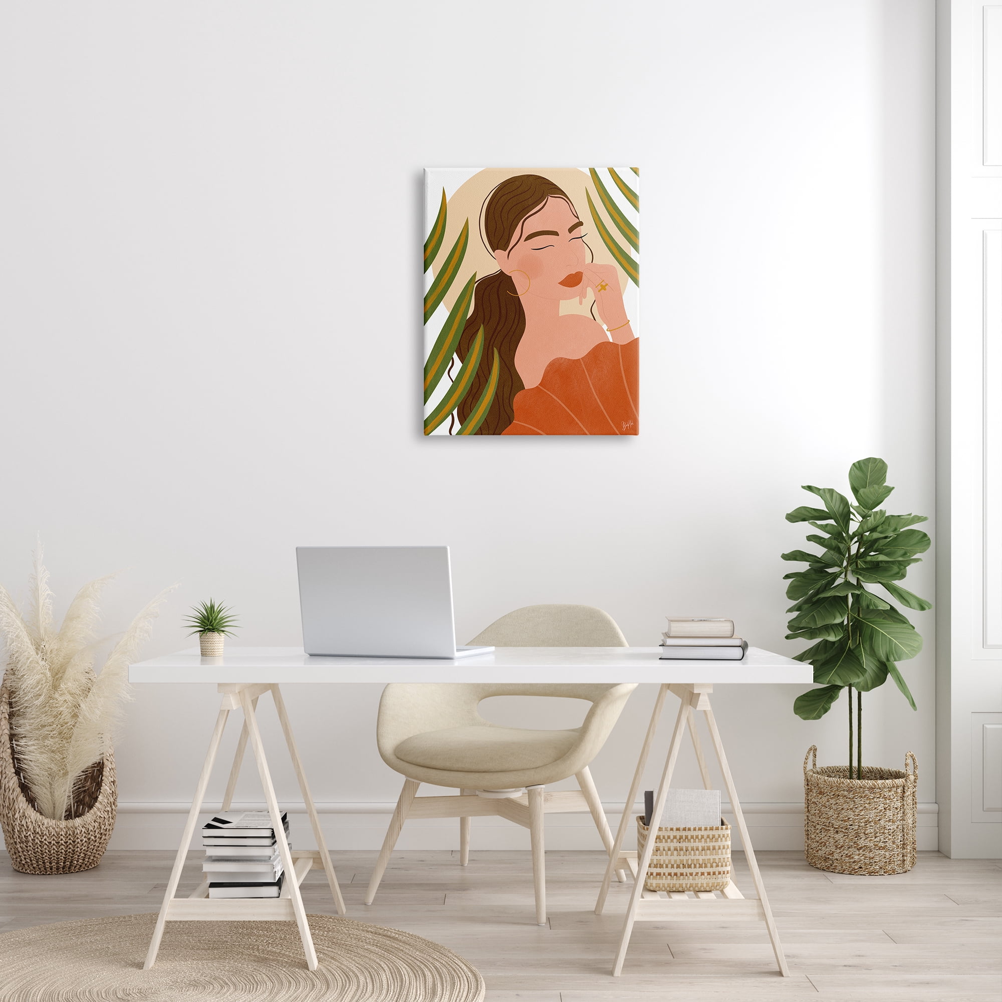 Stupell Industries Woman Tropical Snake Plant Leaves Circle Cutout Shape Graphic Art Gallery Wrapped Canvas Print Wall Art, Design by Birch&Ink