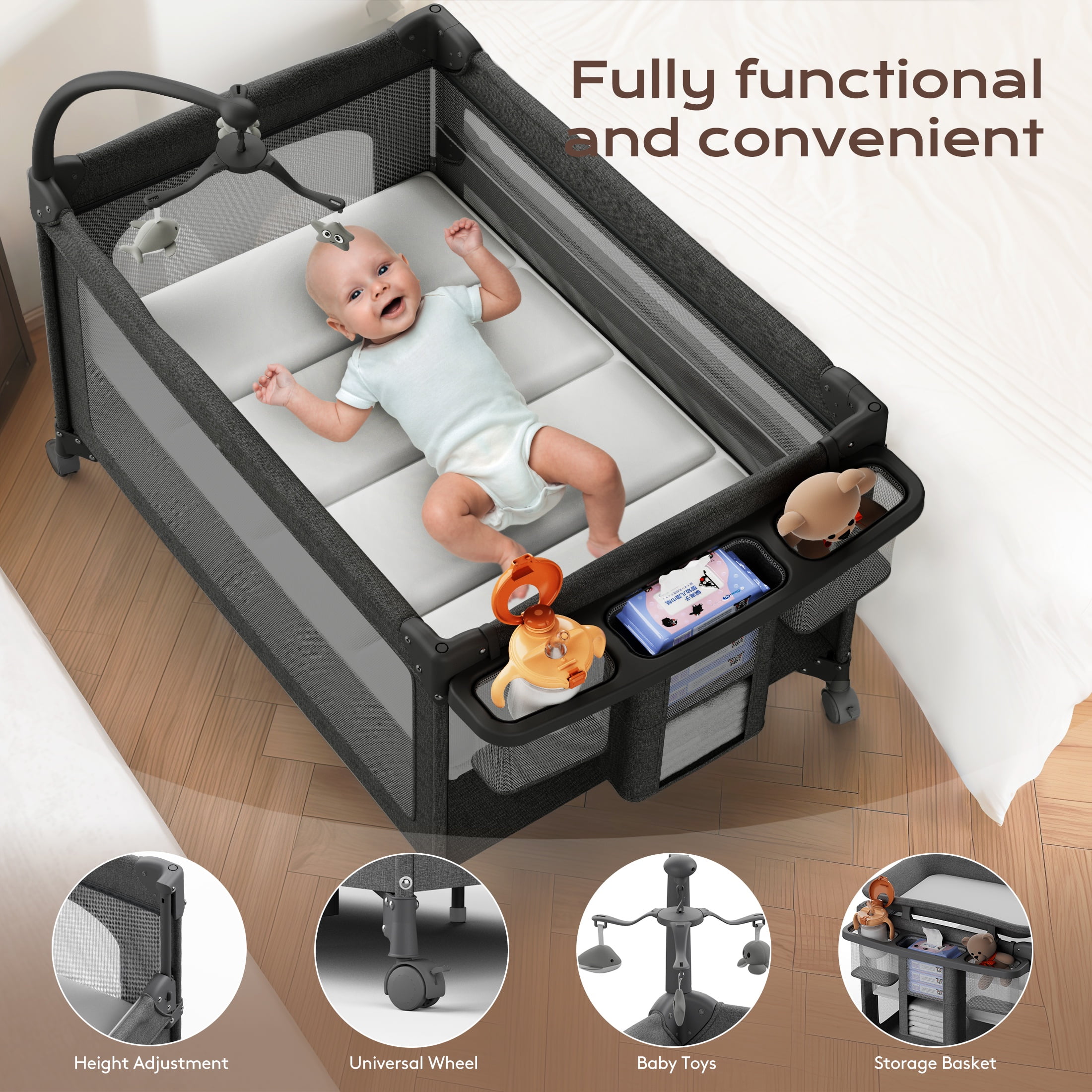 Babyomi Baby Bassinet with Changing Table, 5 in 1 Baby Bassinet Bedside Sleeper with Quick Collection Function and Storage Basket, Toys, Mosquito Net for 0-24 Months, Black