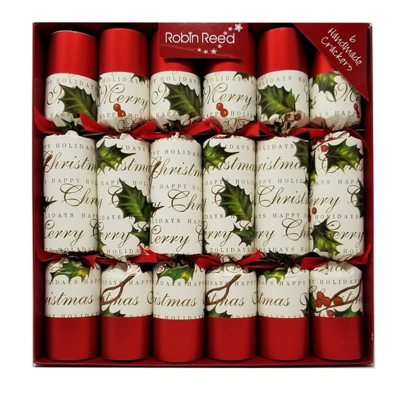 Robin Reed English Holiday Christmas Crackers, Pack of 6 - Bows and Berries