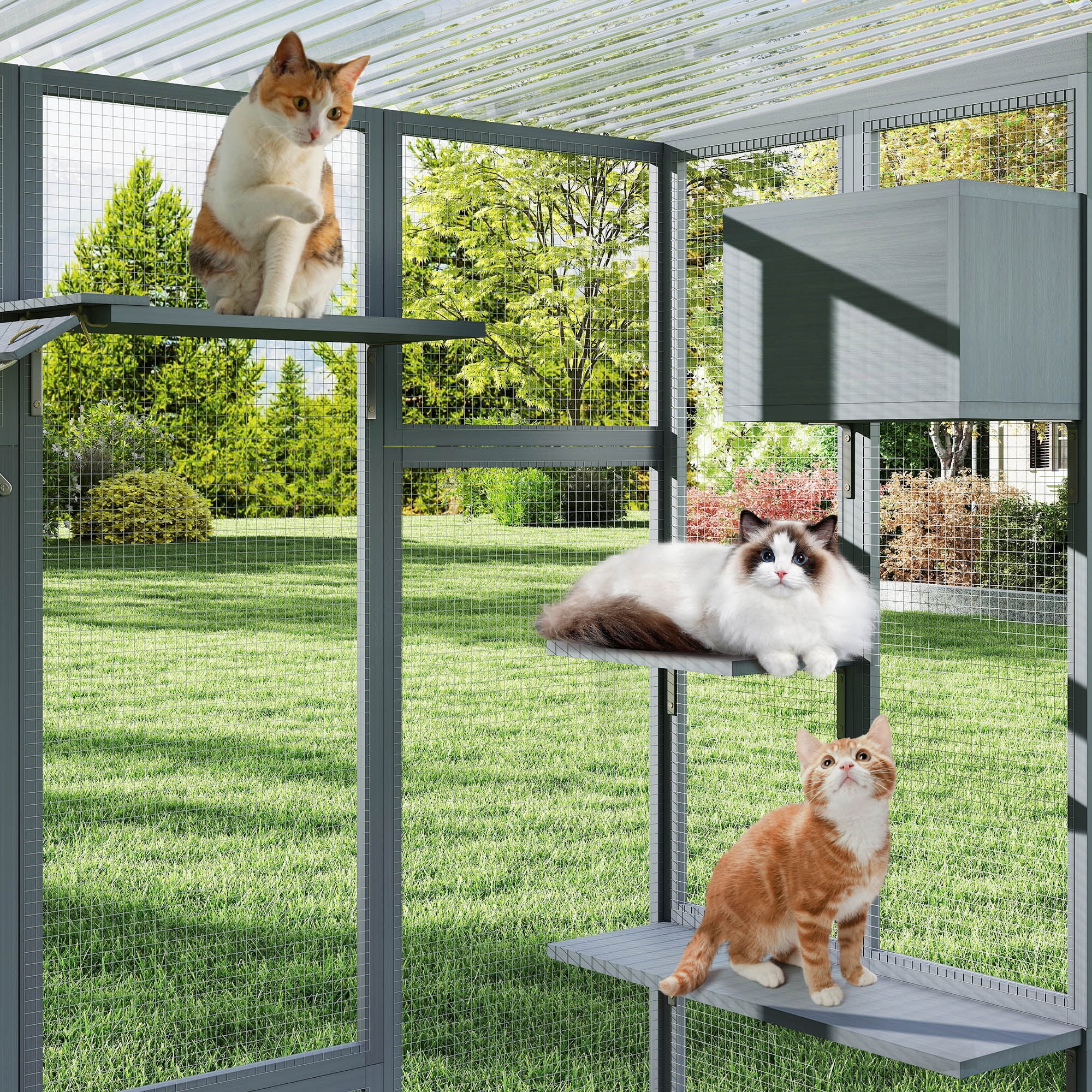 COZIWOW Catio Outdoor Cat Enclosure, 104" L Large Catio for Indoor Cats Window Access, Wooden Cat House