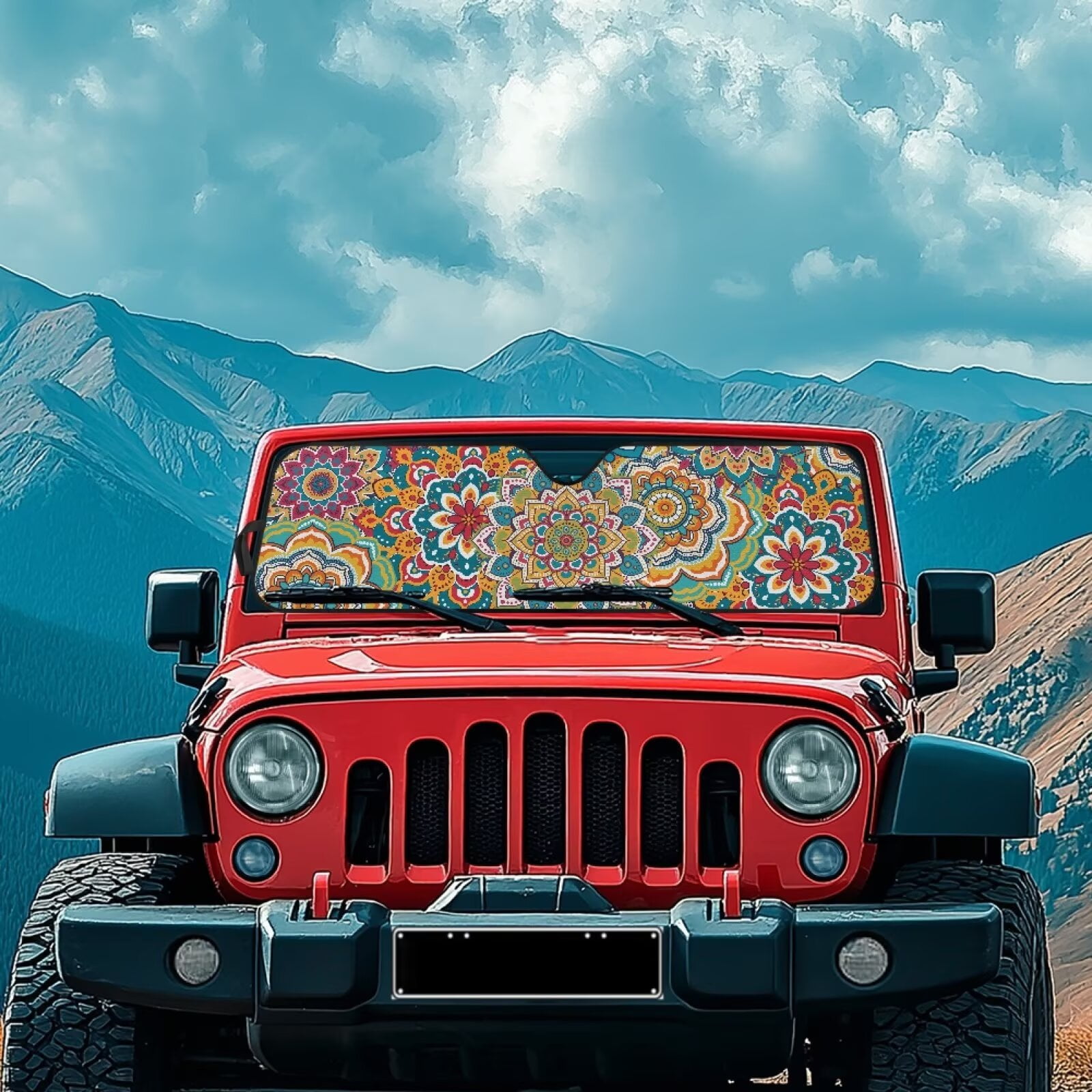 Uorisanigo Car Sun Shade, Windshield Sunshade Boho Mandala Floral Sun Visor for UV Rays & Heat Protection, Suitable for Wrangler JK JKU TJ 1997-2018, Accessories for Jeep Wrangler