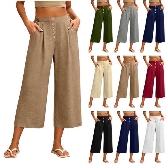 Bloomae Capris for Women Loose Fit Casual Button Elastic High Waist Baggy Pleated Comfy Cropped Trousers Trendy Wide Leg Capri Pants with Pockets