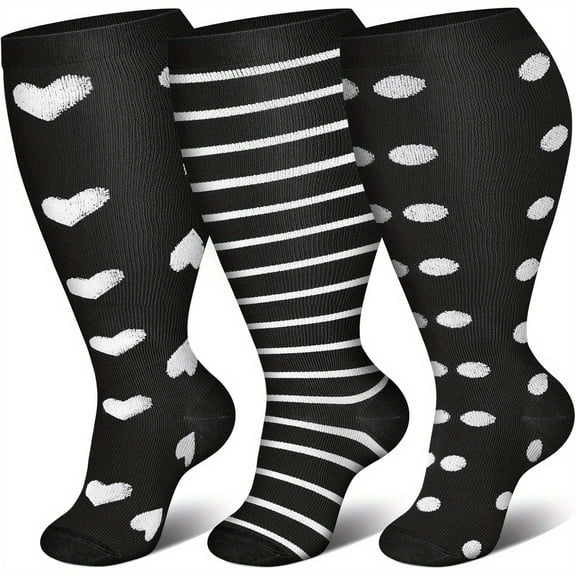 3pcs Plus Size Compression Socks for Women 15-20 mmhg Extra Wide Calf Knee High Support Socks for Circulation，3XL,Style 20