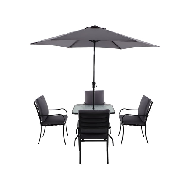 Naterial Set de Comedor para Jardín: Mesa Cuadrada +4 Sillas con Cojines+ Sombrilla de Acero, Modelo Rono