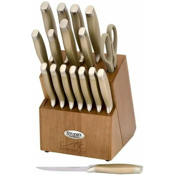 Studio-Cuisine 18-Piece Stainless Steel Peened Knife Block Set, Honing Steel, Utility Shears, 8 Steak Knives