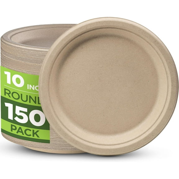 100% Compostable Paper Plates 150 Pack, 10 Inch Heavy Duty Biodegradable Microwavable Disposable Brown Dinner Plates, Made of Eco-Friendly, Natural Unbleached Sugarcane Bagasse