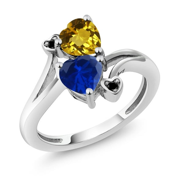 Gem Stone King 1.53 Ct Heart Shape Citrine Blue Created Sapphire 10K White Gold Diamond Accent Ring (Size 8)