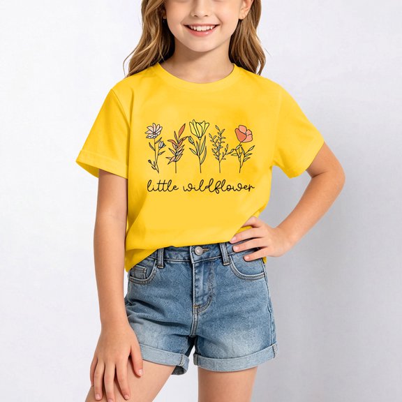 Girls Soft Summer Roundneck Tee For Kids With Print Comfort Fit Top For Everyday Wear Breathable Blend Shirt For Girls(Yellow,12-14 Years)