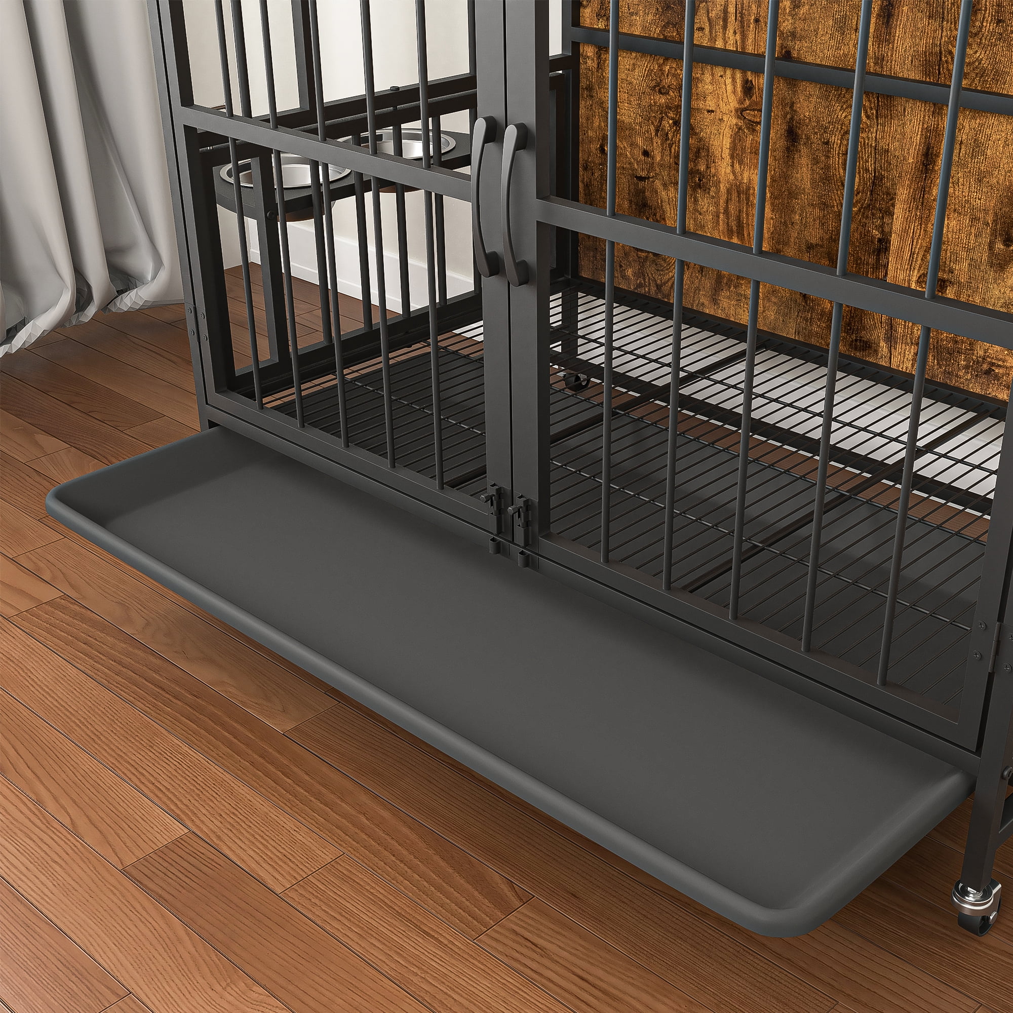Hommoo Modern Kennel Dogs Room, Double-Door Dog House with Removable Tray, Lift Top, Adjustable Feeding Bowls, Dog Crate Cage for up to 60 lb, Brown
