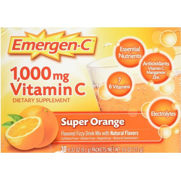 Emergen-C 1000Mg Vitamin C Powder for Immune Support Super Orange, 30 Count, 0.32 Oz Packets