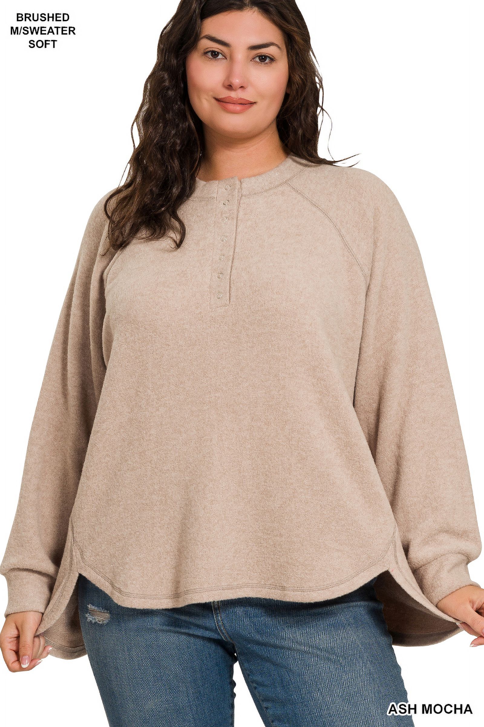 Zenana Women's Casual Brushed Melange Hacci Relaxed Fit 7-Button Henley Placket Light Sweater