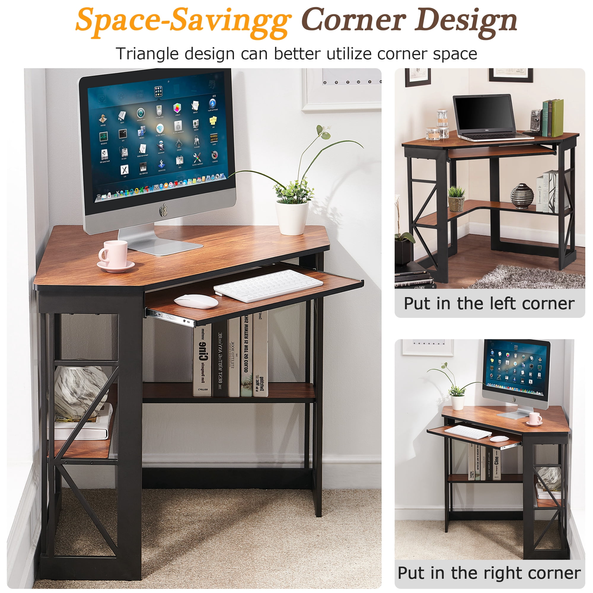 VECELO Corner Computer Desk with Keyboard Tray and Storage Shelf, Student Study Writting Table Workstation for College Dorm Apartment Home Office, Brown (90 Degrees)