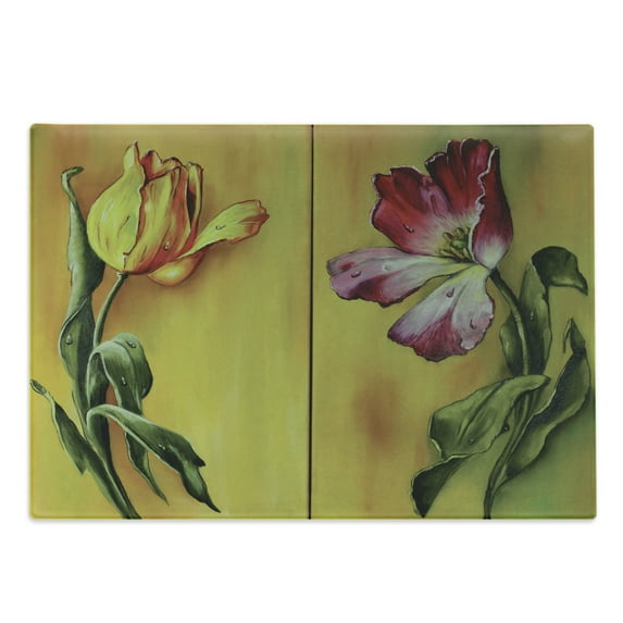 Country Cutting Board, Painting of Curving Tulips Romantic Dramatic Blooming Flower Retro Art Print, Decorative Tempered Glass Cutting and Serving Board, Large Size, Pink Yellow Green, by Ambesonne