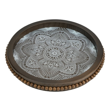 Wood Decorative Beaded Trays, Rustic Coffee Table Tray for Boho Home Decor, Round Serving Floral Tray for Ottoman Kitchen Counter Farmhouse Centerpiece Decor