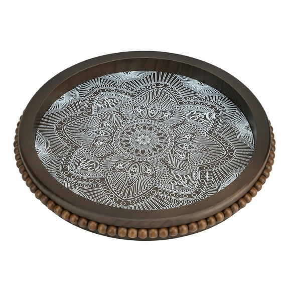 Wood Decorative Beaded Trays, Rustic Coffee Table Tray for Boho Home Decor, Round Serving Floral Tray for Ottoman Kitchen Counter Farmhouse Centerpiece Decor