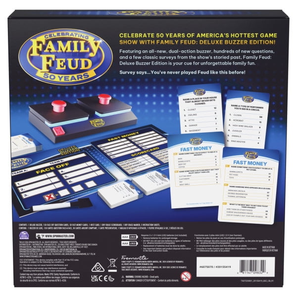 Spin Master Games, Family Feud: Deluxe Buzzer Edition, 50th Anniversary, Classic Survey Says Guessing Game for Family Game Night, Includes 2 Buzzers with Lights & Sounds, 3+ Players, for Ages 8 & Up