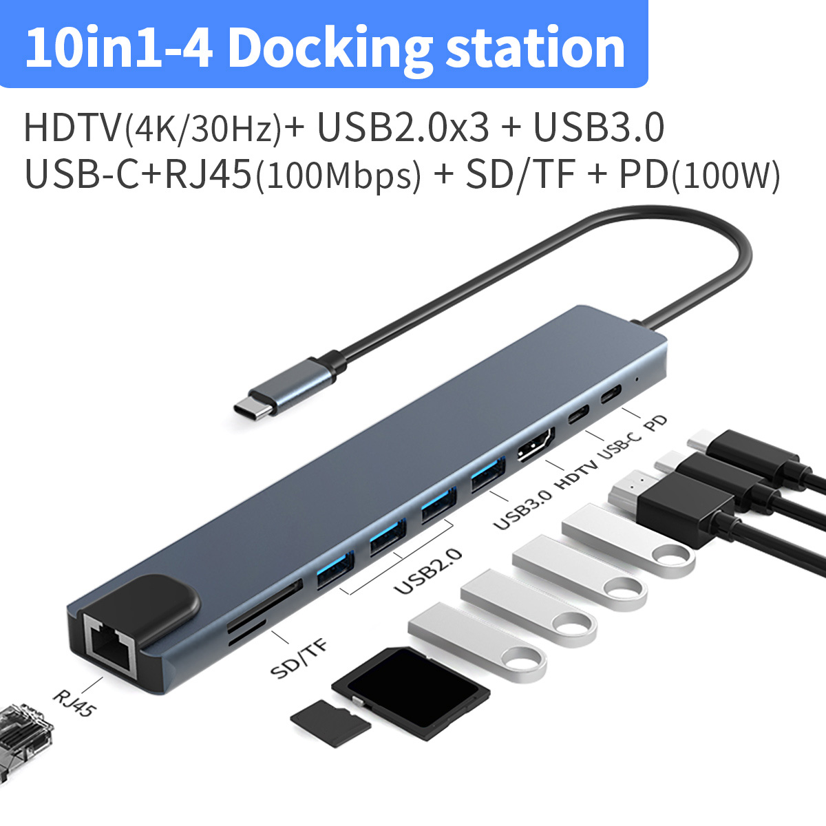 DOONJIEY 10 IN 1 Type C Docking Station Multi-port Adapter USB C Hub with 4K HDTV,RJ45 100M,USB3.0/2.0,PD 100W,TYPE C 2.0,SD/TF for Mac