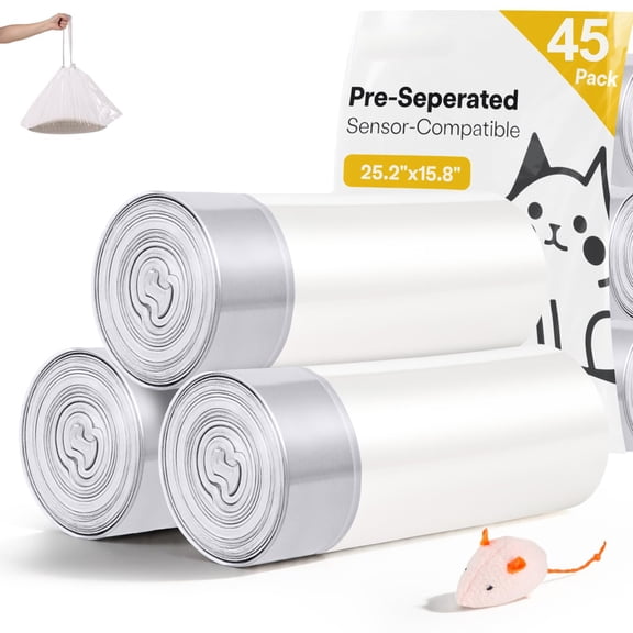 45 Pack Cat Waste Bags, Transparent Self Cleaning Litter Box Liners for Most Automatic Litter Boxes, Pre-Separated Heavy Duty 9-11 Gallon Capacity for Multi-Cat Homes, White