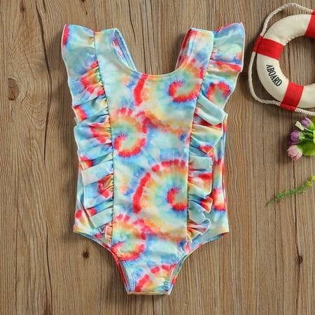 

Liliz Infant One-piece Swimsuit Baby Girl Tie-dye Fly Sleeve Round Neck Ruffle Swimwear
