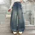 thumbnail image 2 of Gibobby Girls Jeans Denim Elastic High Waisted Wide Leg Baggy Cargo Pants with Pockets Girls High-Waisted Jeans with Adjustable Waistband(Blue,5-6 Years), 2 of 6