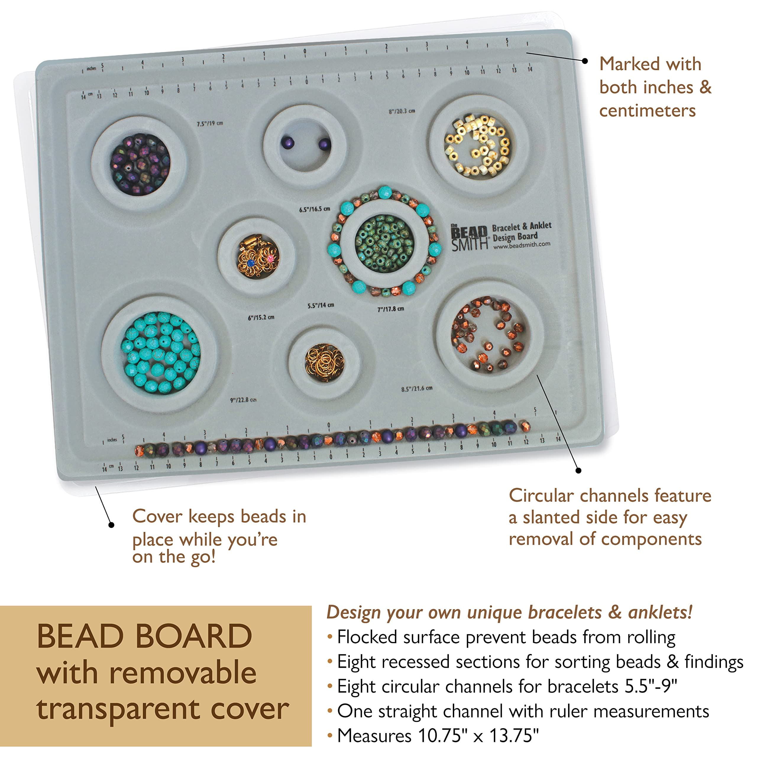 The Beadsmith Bead Board with Cover, Grey Flocked, 3 U-Shaped Channels, 6  Recessed Compartments, 9.75 x 13.25 inches, Design Boards for Creating  Bracelets, Necklaces and Other Jewelry