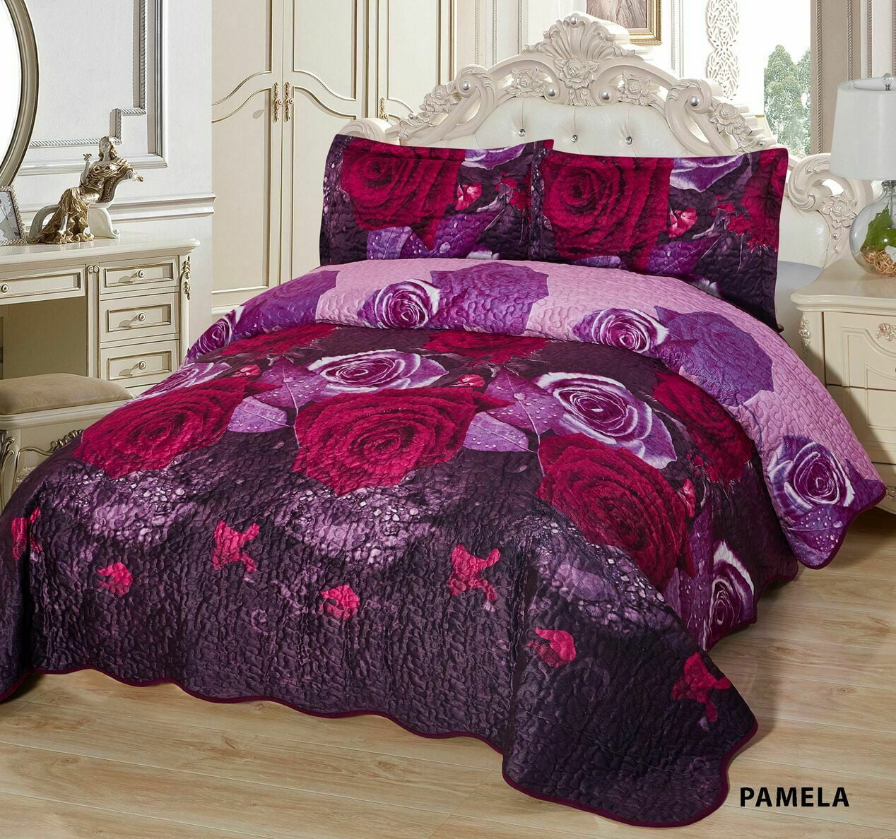 3Pcs California King Quilted Reversible VELVET Bedspread Coverlet Set PAMELA