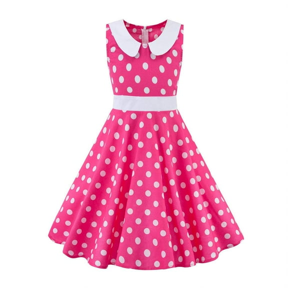 FYMNSI Kids Girls Polka Dot Dress Vintage 50's Girls Pink Dress Retro Doll Collar Swing Dresses Sleeveless Party Dress 7-8 Years