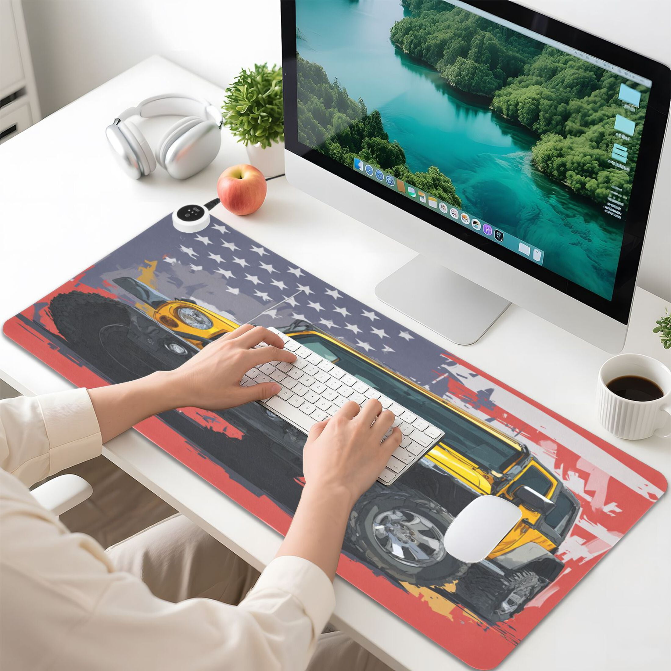 Large Heated Desk Mat Mouse Pad 31.5"x13"PU Leather Graphene Heating Desk Warmer with 3 Temperature Settings 110V US Plug Non-Slip Warm Pad for Home, Office, and Gaming Yellow Jeep Car Pattern