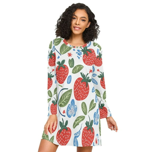 FORMRS Womens Long Sleeve Nightgowns Crew Neck Sleep Shirt Soft Pajamas Sizes S-3XL, Vibrant Strawberries