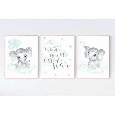 UNFFRAMED Luvia Set of 3 Elephant Nursery Poster, Mint Green Gender Neutral Baby Room Decor, Stars and Moon Theme, Elephant Baby Shower Decoration Set 3 Prints 16x24