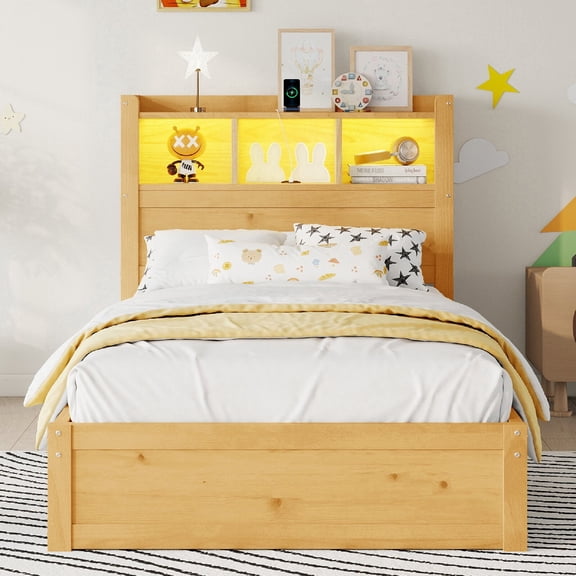 Twin Size Bed Frame with Storage Headboard and Pull Out Storage Cabinet,Light Wood Twin Bed Frame with Drawers and Socket for Bedroom, Apartment, Mattress not included, Natural