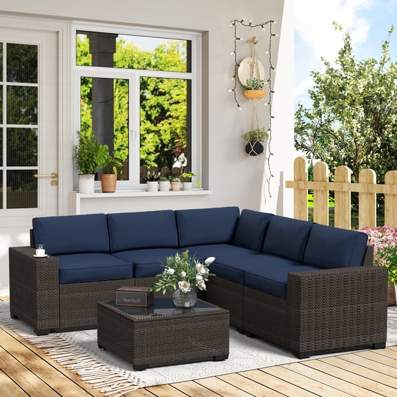 6pc Outdoor Patio Furniture Set, PE Rattan Sectional Couch with Thick Waterproof Cushion, Tempered Glass Cafe Table, Wicker Conversation Sofa for Deck, Backyard, Poolside, Porch
