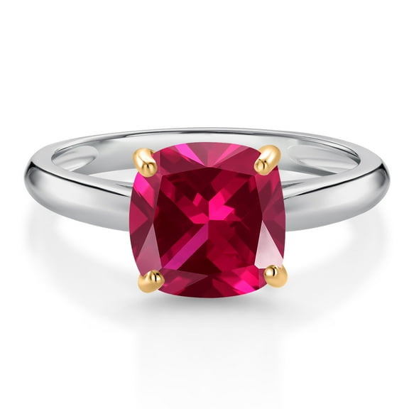 Gem Stone King 925 Sterling Silver and 10K Yellow Gold Red Created Ruby Solitaire Engagement Ring for Women (2.50 Cttw, Cushion 8MM, Gemstone July Birthstone, Size 7)