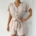 thumbnail image 5 of Womens Summer Basic Shorts Jumpsuit V Neck Button Down Short Sleeve Tank Rompers Casual Loose Fit Wide Leg Short Pant, 5 of 7