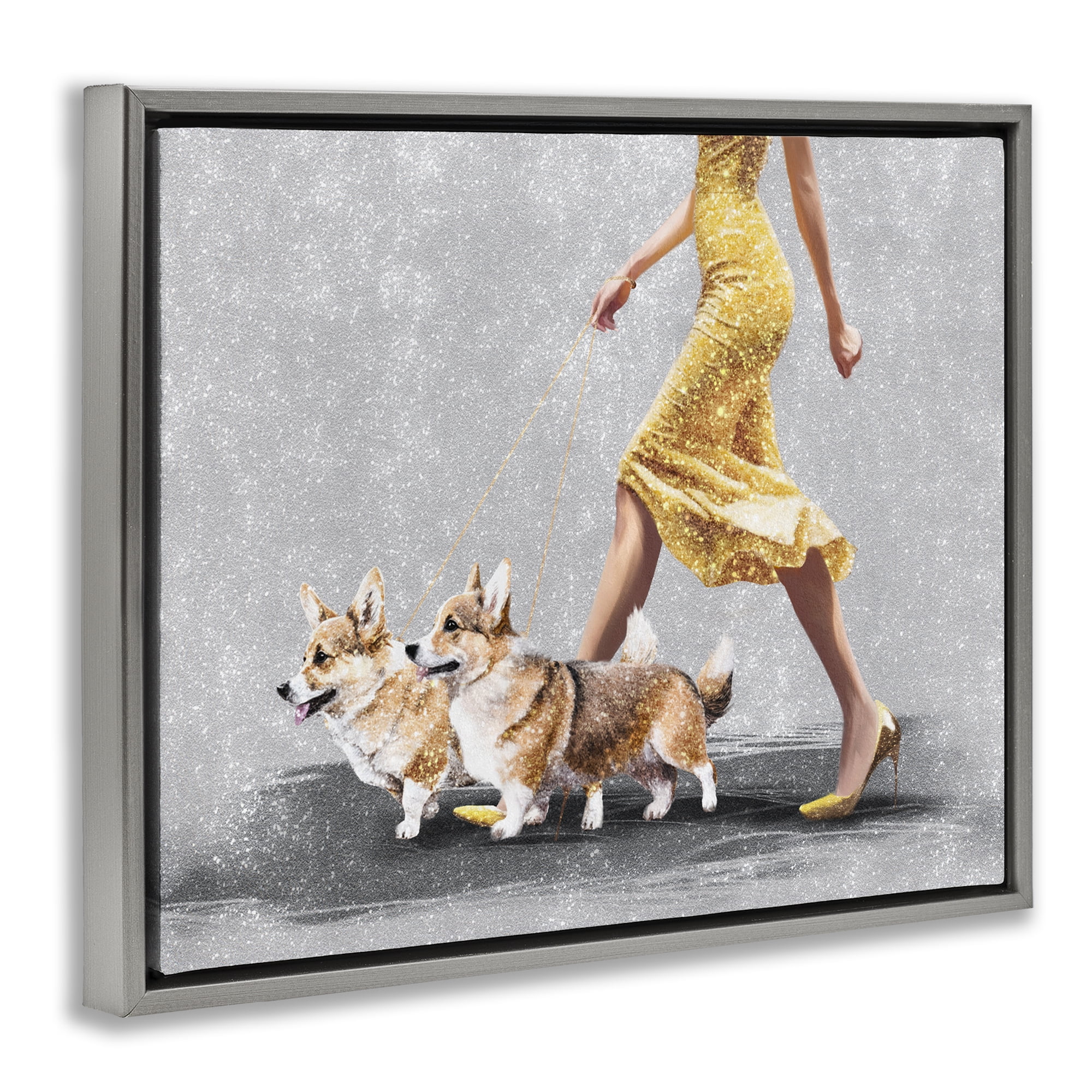 Stupell Industries Chic Woman with Corgis People Painting Gray Floater Framed Canvas Art Print Wall Art, 31 x 25
