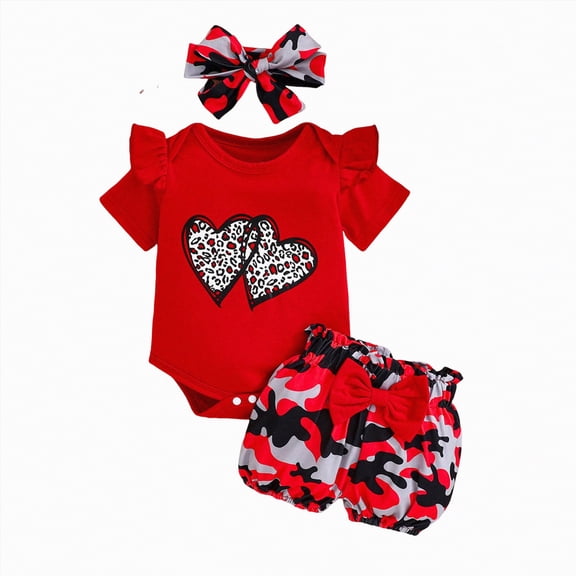 CAICJ98 Newborn Baby Girls Clothes Summer Outfits Heart Print Short Sleeve Romper Shorts with Headband (Red,12-18 Months)