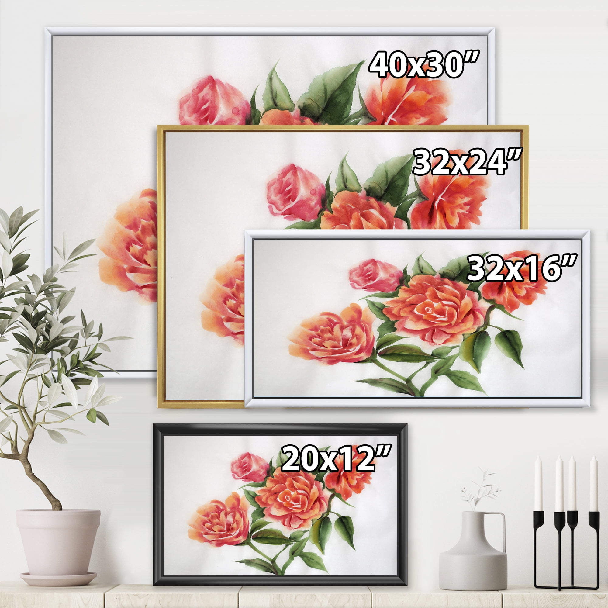 Designart 'Orange VIntage Roses With Green Leaves' Traditional Framed Canvas Wall Art Print