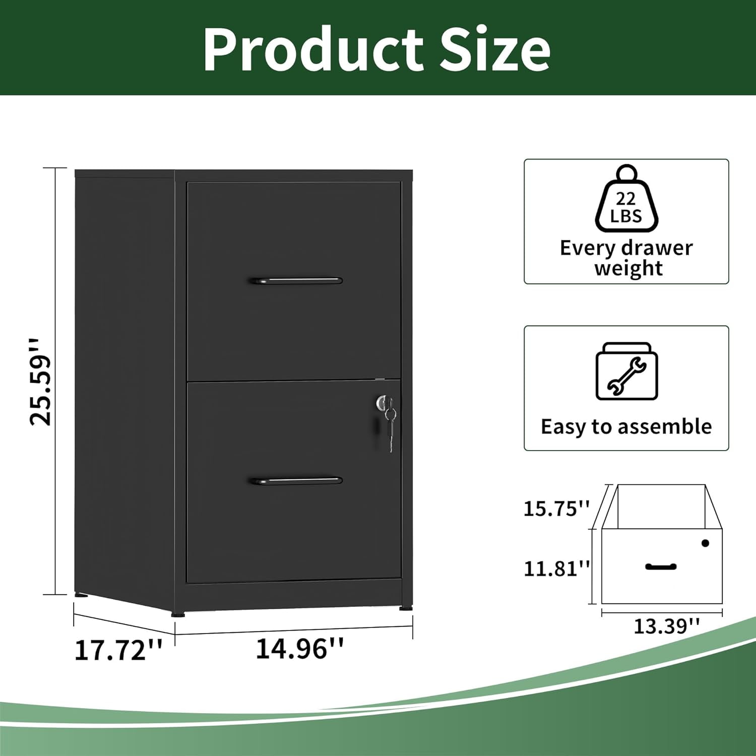2 Drawer File Cabinet with Lock, Vertical Filing Cabinet for Home Office, Heavy Duty Storage Cabinet for Letter Size, Assembly Required(Black)