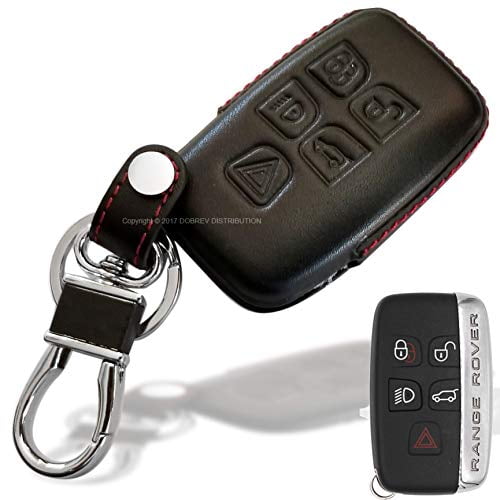 Dobrev 5 Buttons Genuine Leather Smart Key Case Rubber Cover Skin Fob Holder for Land Rover Range Rover Evoque Sport Vogue Discovery Freelander Remote Key (Black Leather)