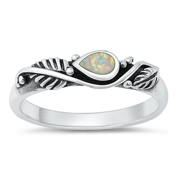 CHOOSE YOUR COLOR Bali Feather White Simulated Opal Ring .925 Sterling Silver Band CZ Female Size 7