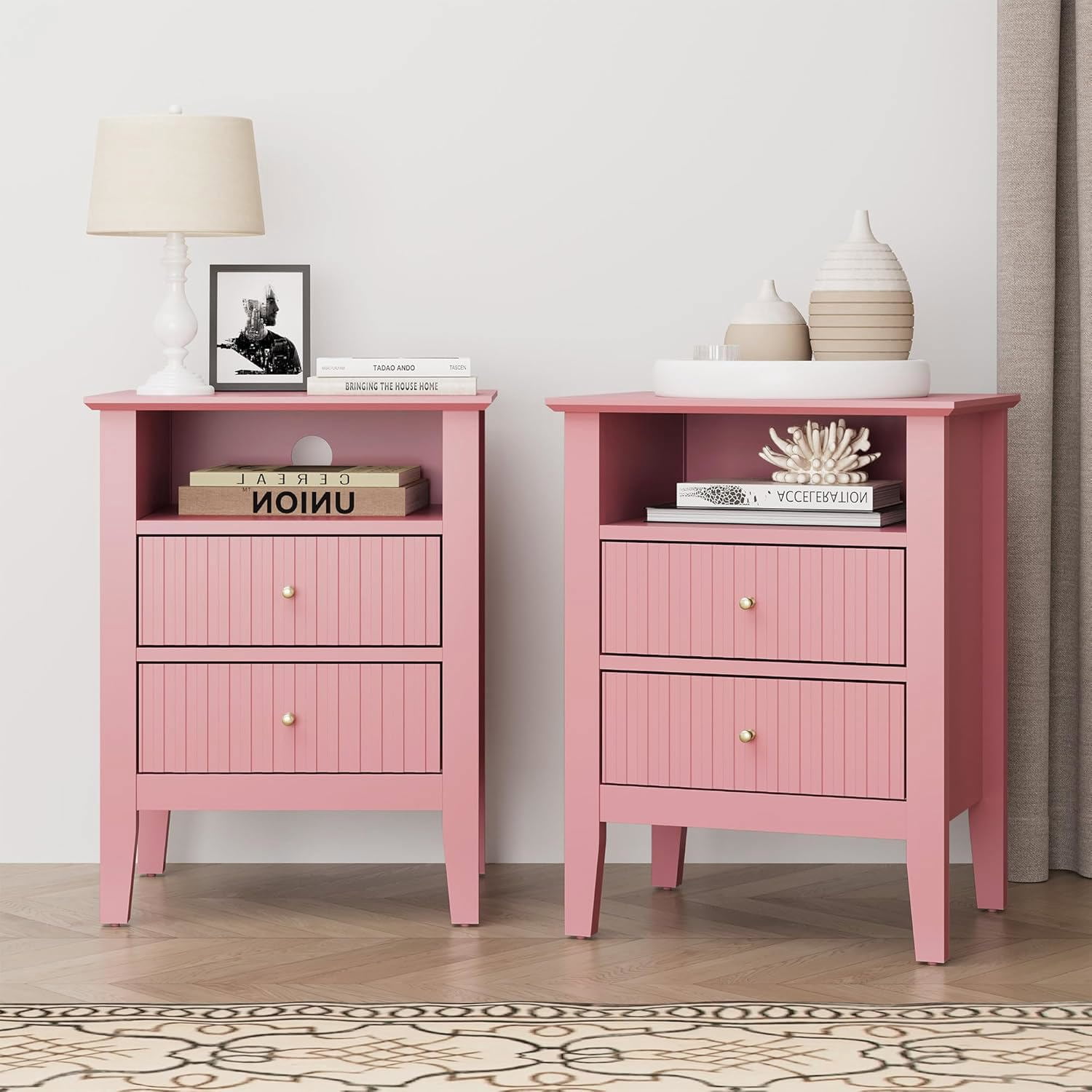 Hommoo 18"W Wooden Fluted Nightstand Set of 2, with 2 Drawers & Open Shelf, Modern Bedroom Sofa Side Table, Pink
