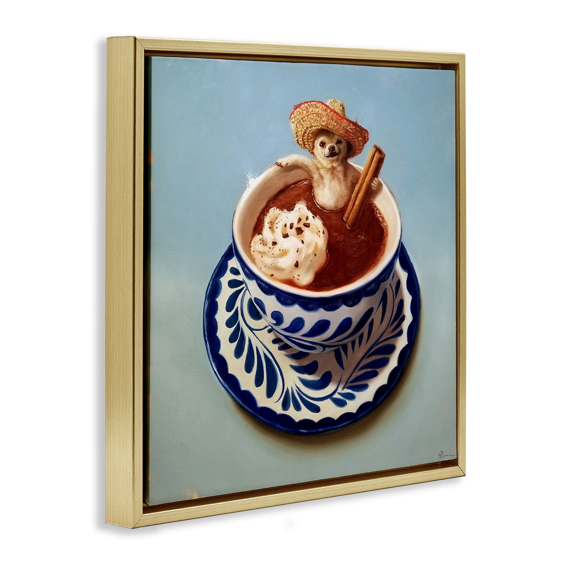 Stupell Industries Chihuahua Hot Chocolate Humor Animals & Insects Painting Gold Floater Framed Canvas Art Print Wall Art, 25 x 25