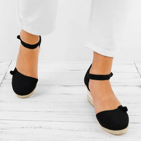 

YTJX Women Ladies Retro Linen Canvas Wedge Round Toe Casual Sandals Singles Shoes