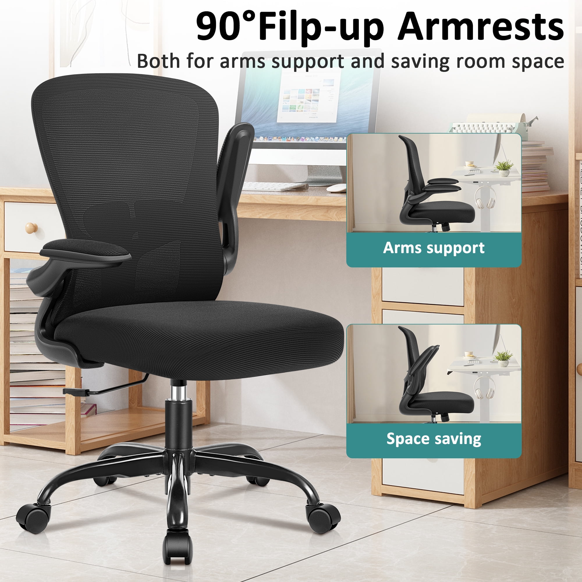 COOLHUT Office Chair, Ergonomic Desk Chair with Adjustable Lumbar Support, High Back Mesh Computer Chair with Flip-up Armrests-BIFMA Passed Task Chairs, Executive Chair for Home Office, Black