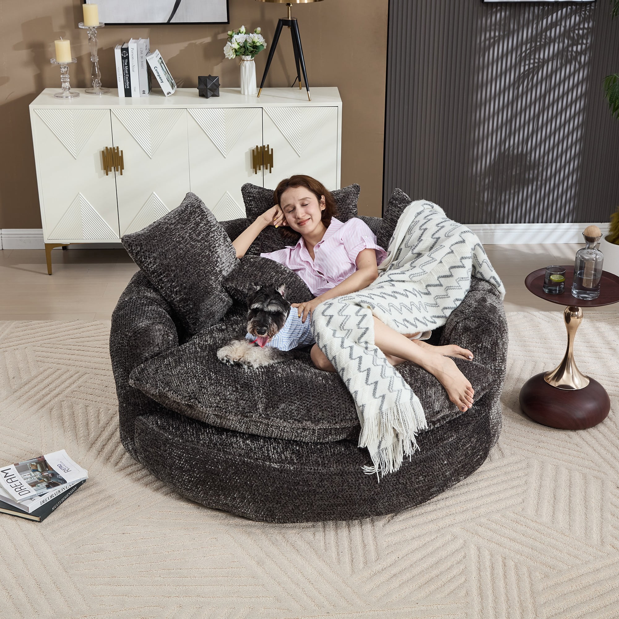 Aukfa 55" Oversized Round Chaise Lounge Chair, Fluffy Deep Seat Cloud Floor Sofa, Modern No Assembly Couch, Dark Gray