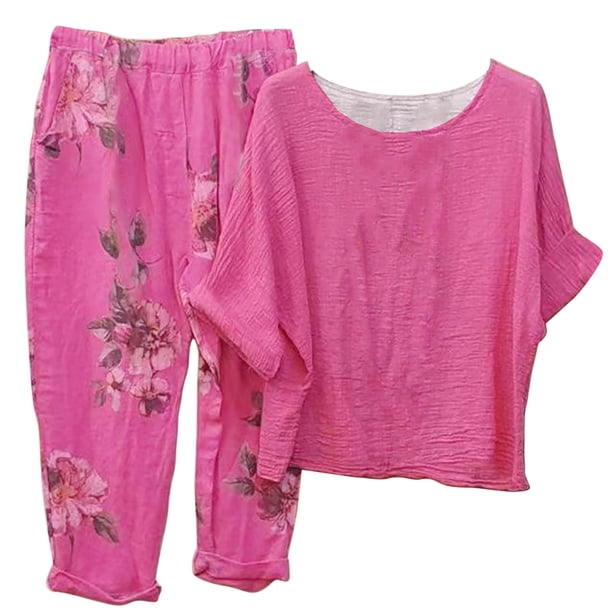 Conjunto de tops y pantalones de manga larga con cuello redondo y estampado para mujer Wmkox8yi bvn2736